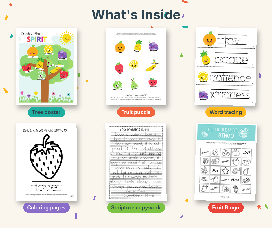 Fruit of the Spirit Activity Pack: Coloring, Scripture Copywork & Bingo