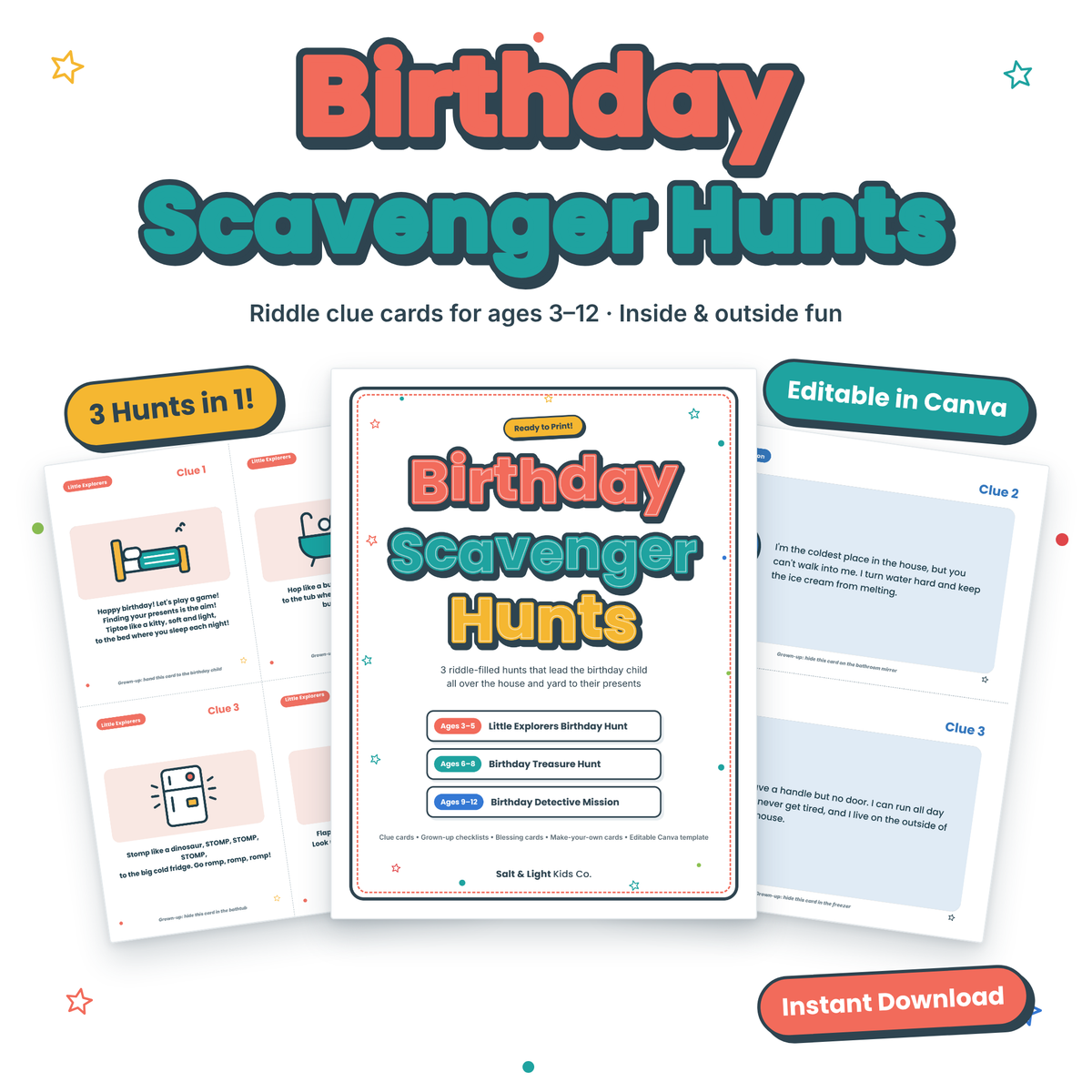 Birthday Scavenger Hunts: Printable Riddle Clue Cards for Kids (Ages 3–12) + Editable Canva Template