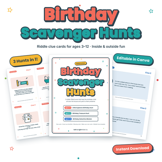Birthday Scavenger Hunts: Printable Riddle Clue Cards for Kids (Ages 3–12) + Editable Canva Template