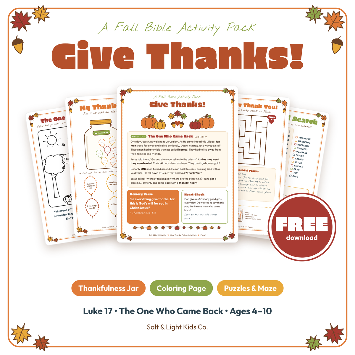 Give Thanks! Free Fall Bible Activity Pack for Kids