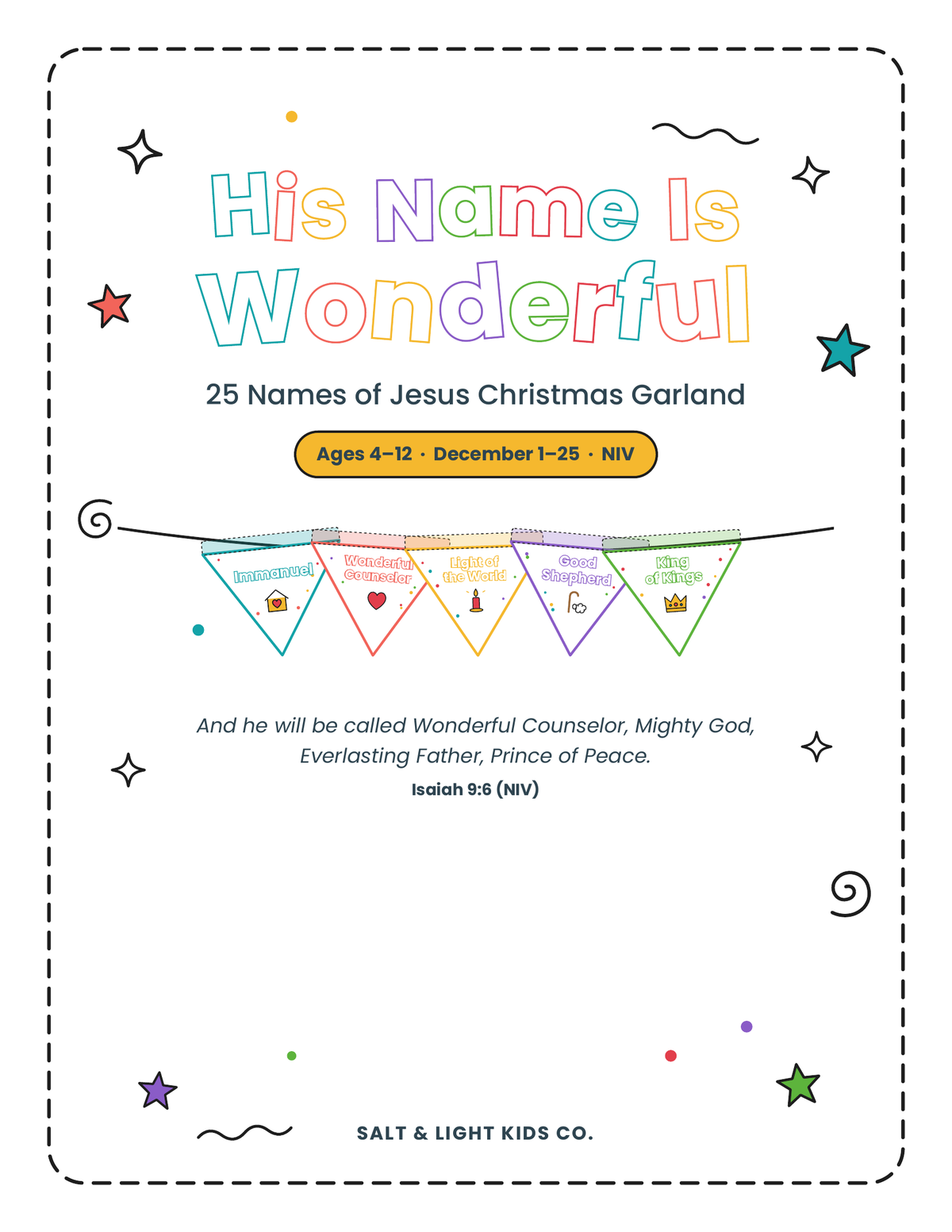 His Name Is Wonderful: 25 Names of Jesus Christmas Garland for Kids (Ages 4–12)