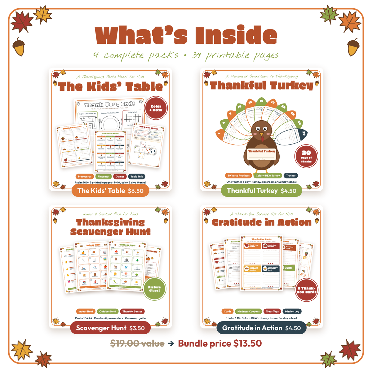 Thanksgiving Mega Bundle: Kids' Table, Thankful Turkey, Scavenger Hunt & Gratitude in Action