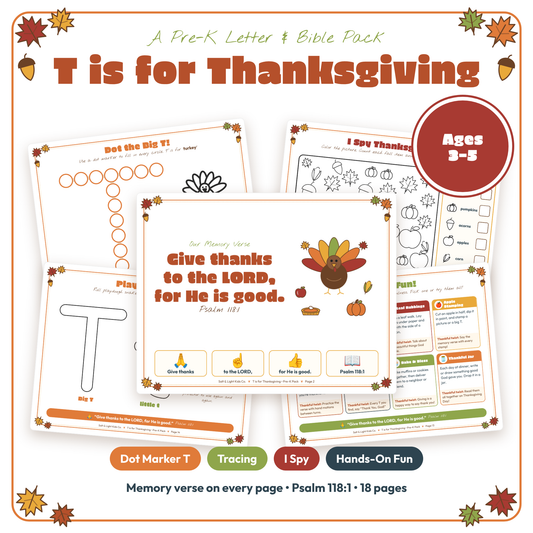 T is for Thanksgiving: Pre-K Letter T & Bible Activity Pack (Ages 3–5)