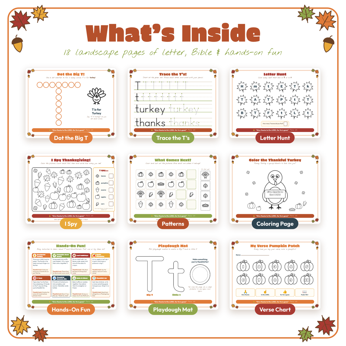 T is for Thanksgiving: Pre-K Letter T & Bible Activity Pack (Ages 3–5)