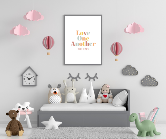 A child 's room with stuffed animals and a poster