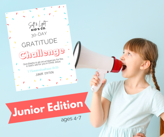 A girl holding a megaphone with the words " gratitude challenge junior edition ".